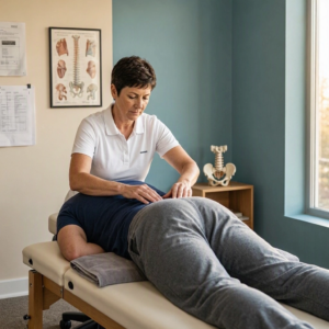 Chiropractor assessing lower back and pelvic movement in a patient experiencing tailbone pain.