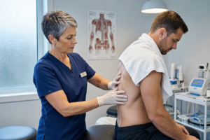 Chiropractor assessing thoracic spine movement in a patient with rib-area discomfort.