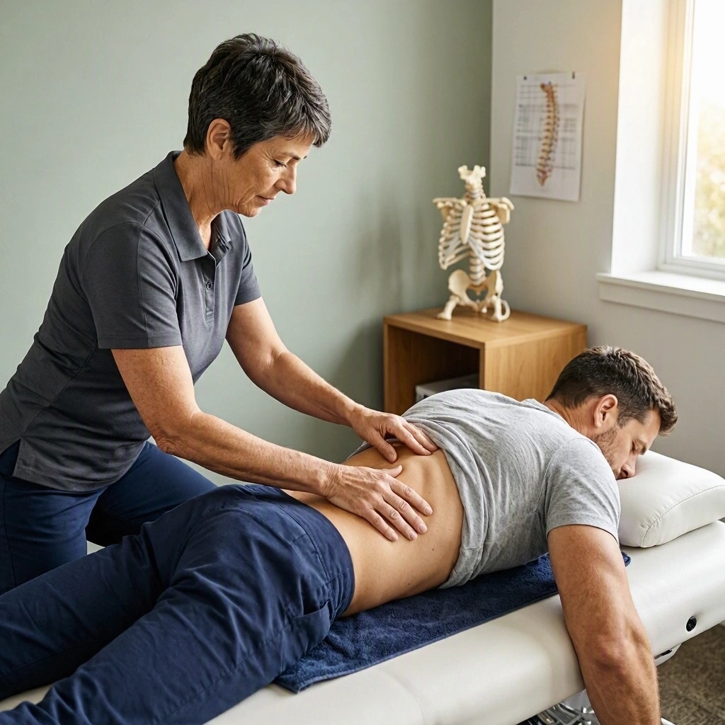 Chiropractor assessing thoracic spine movement in a patient with rib-area discomfort.