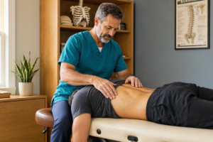 Chiropractor assessing thoracic spine movement in a patient with rib-area discomfort.