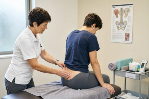 Chiropractor assessing lower back and pelvic movement in a patient experiencing tailbone pain.